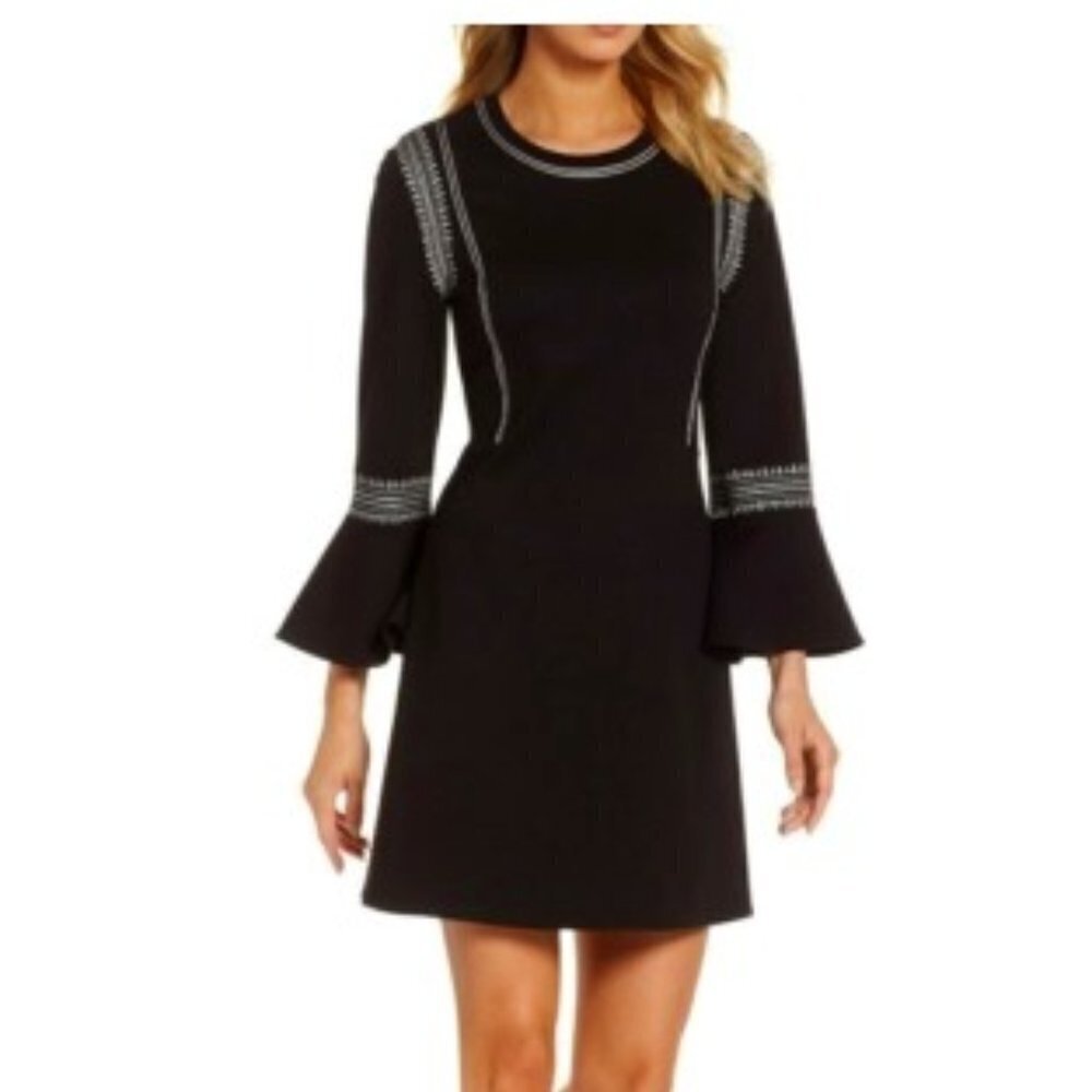 Kobi Halperin Dress Sz Small Bell Sleeve Stretch Knit Embroidered Above the Knee